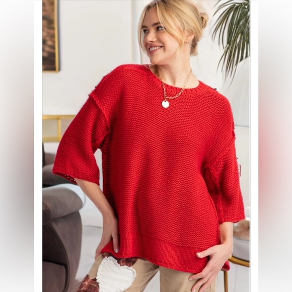 Easel Vibrant Scarlet Red Oversized Exposed Seam Round Neck Sweater - Picture 2 of 13